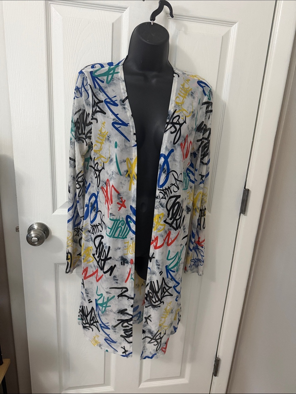 love J Light Gray Open Cardigan with Multicolor Graffiti Print